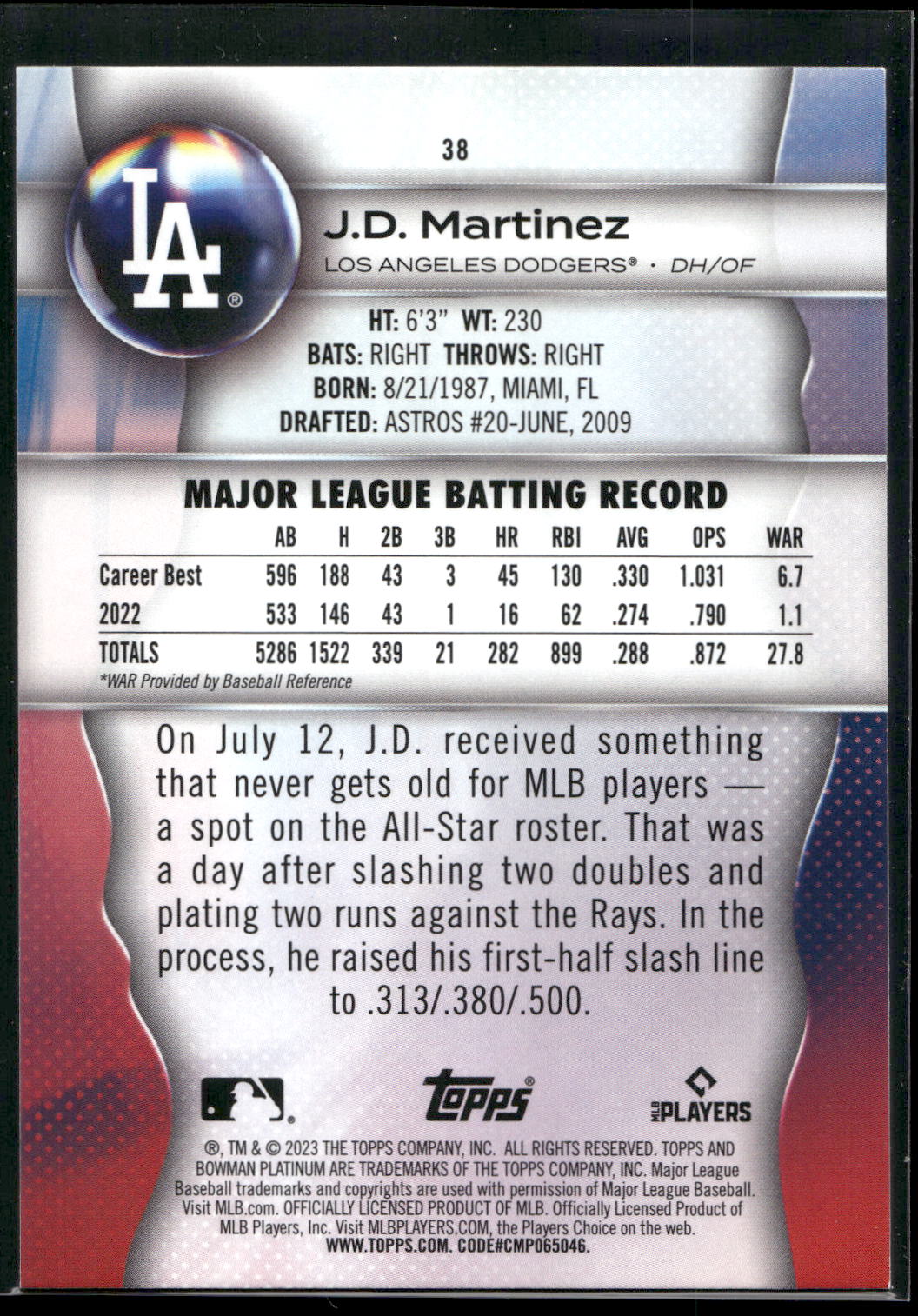 2023 Bowman Platinum #38 J.D. Martinez