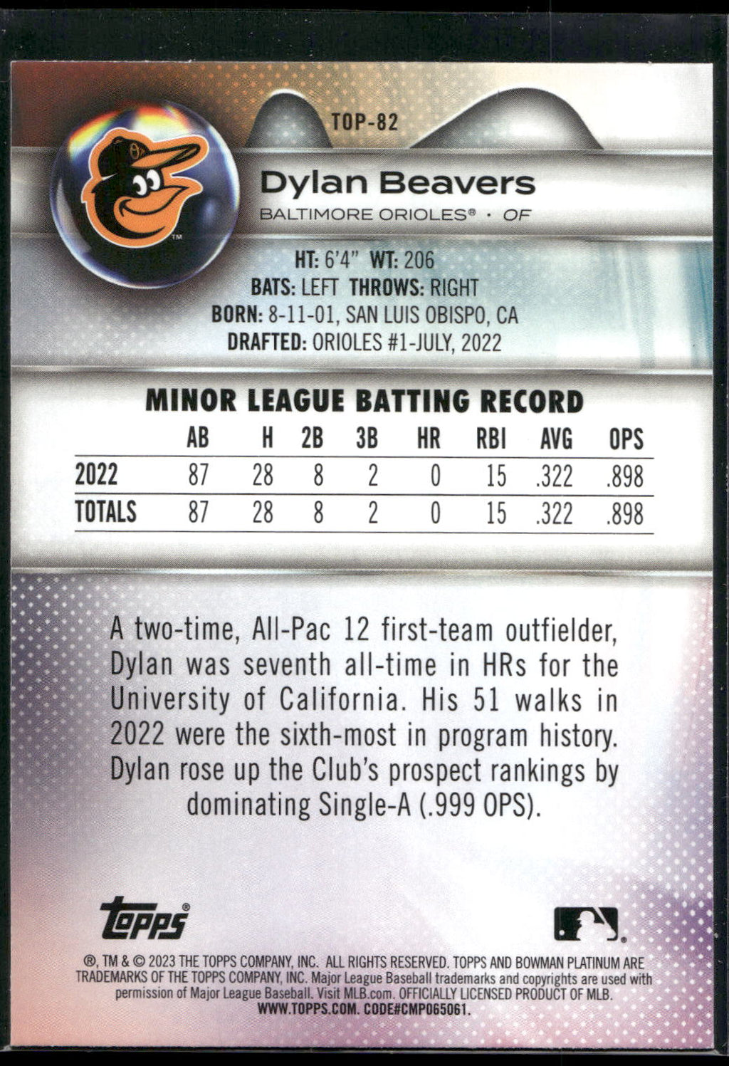 2023 Bowman Platinum #TOP-82 Dylan Beavers Top Prospects
