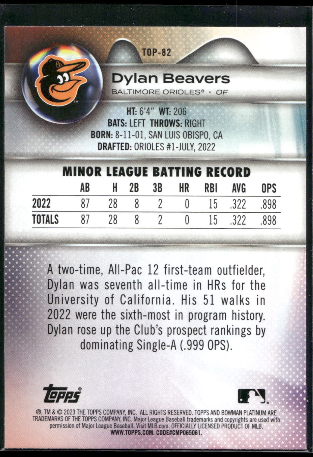 2023 Bowman Platinum #TOP-82 Dylan Beavers Top Prospects
