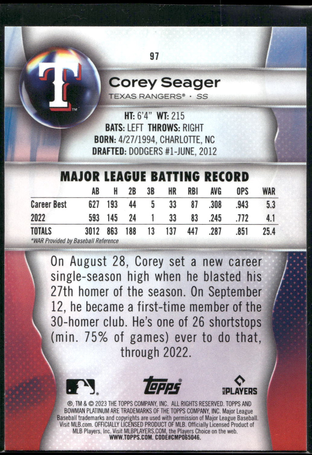 2023 Bowman Platinum #97 Corey Seager