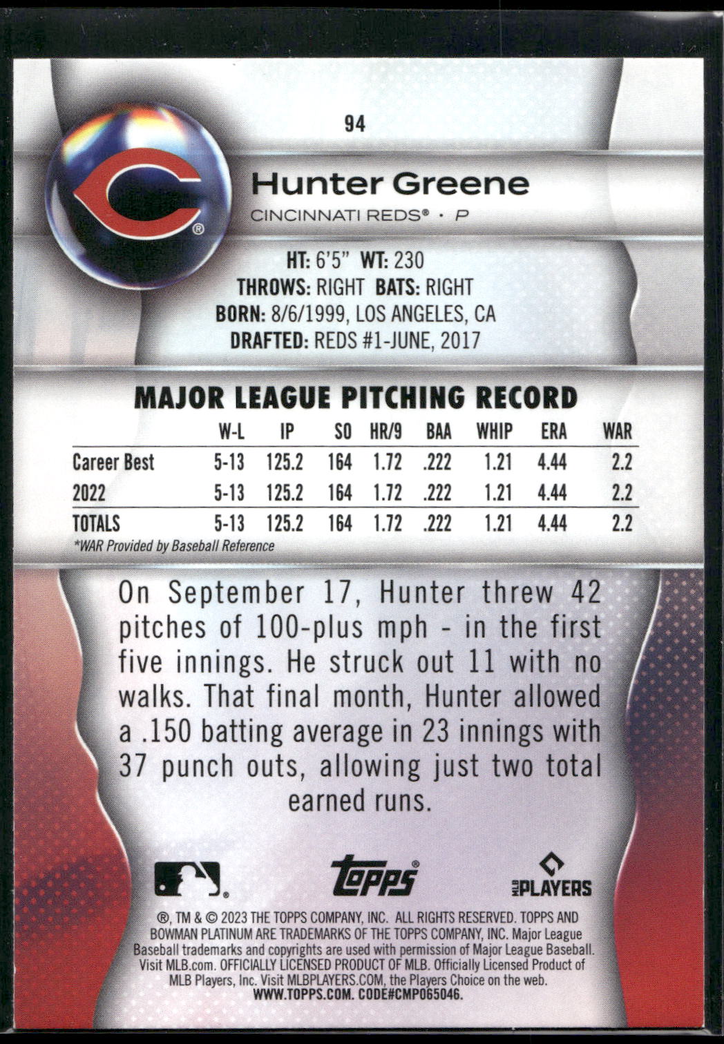 2023 Bowman Platinum #94 Hunter Greene