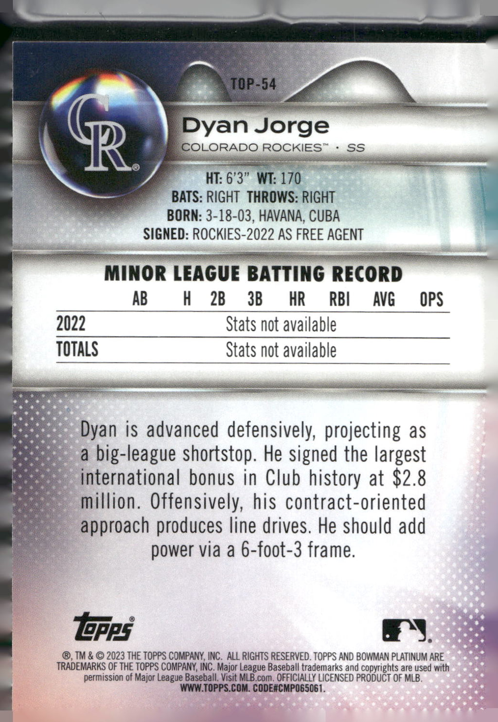 2023 Bowman Platinum #TOP-54 Dyan Jorge Top Prospects