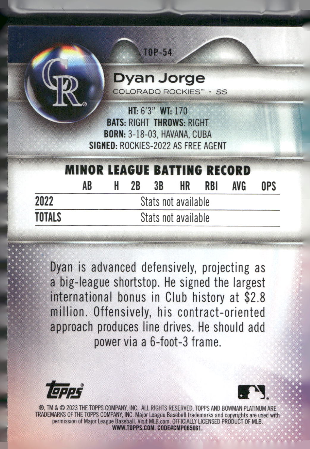 2023 Bowman Platinum #TOP-54 Dyan Jorge Top Prospects
