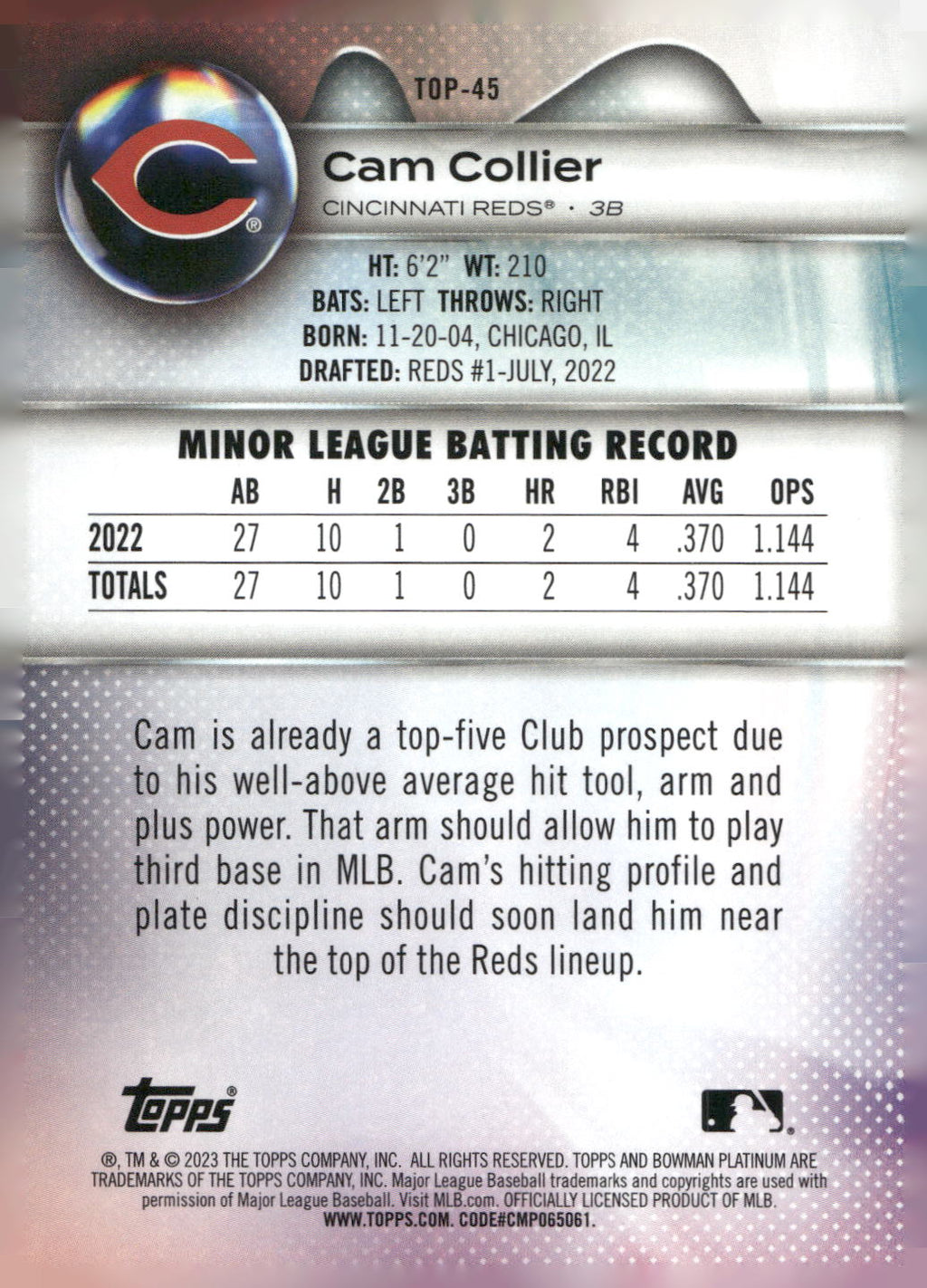 2023 Bowman Platinum #TOP-45 Cam Collier Top Prospects