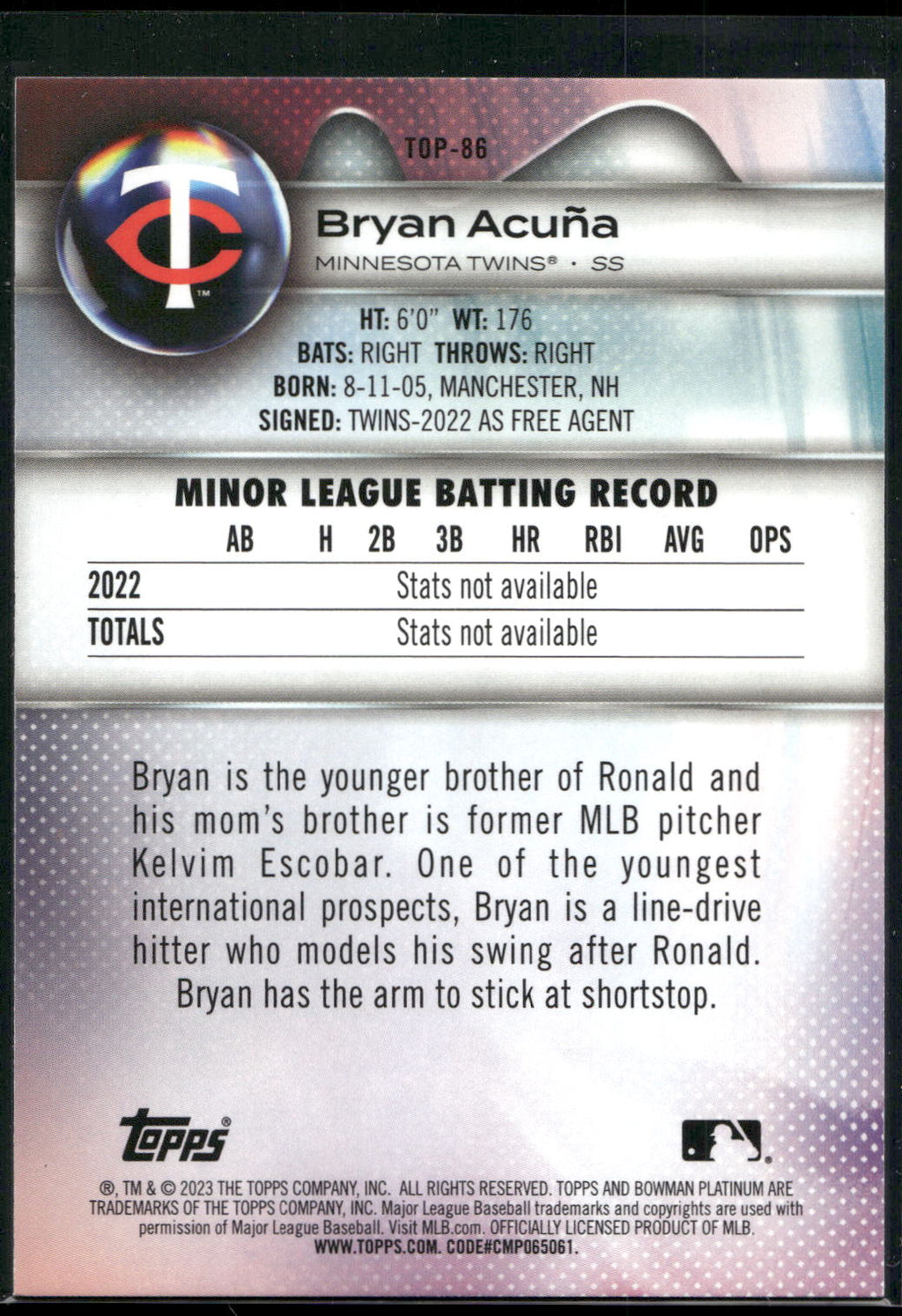 2023 Bowman Platinum #TOP-86 Bryan Acuña Top Prospects