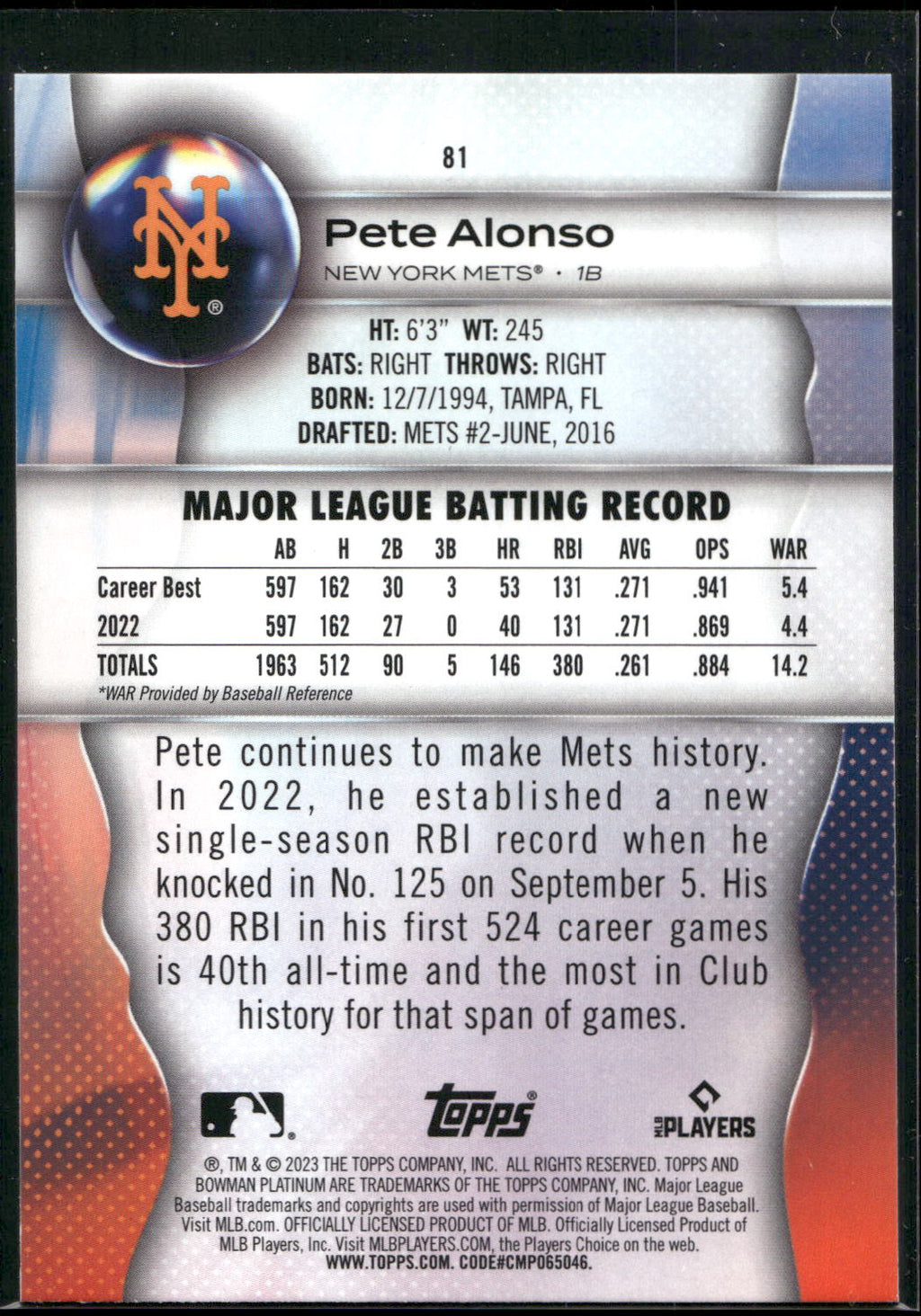 2023 Bowman Platinum #81 Pete Alonso