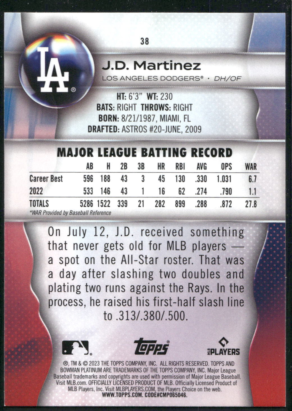 2023 Bowman Platinum #38 J.D. Martinez