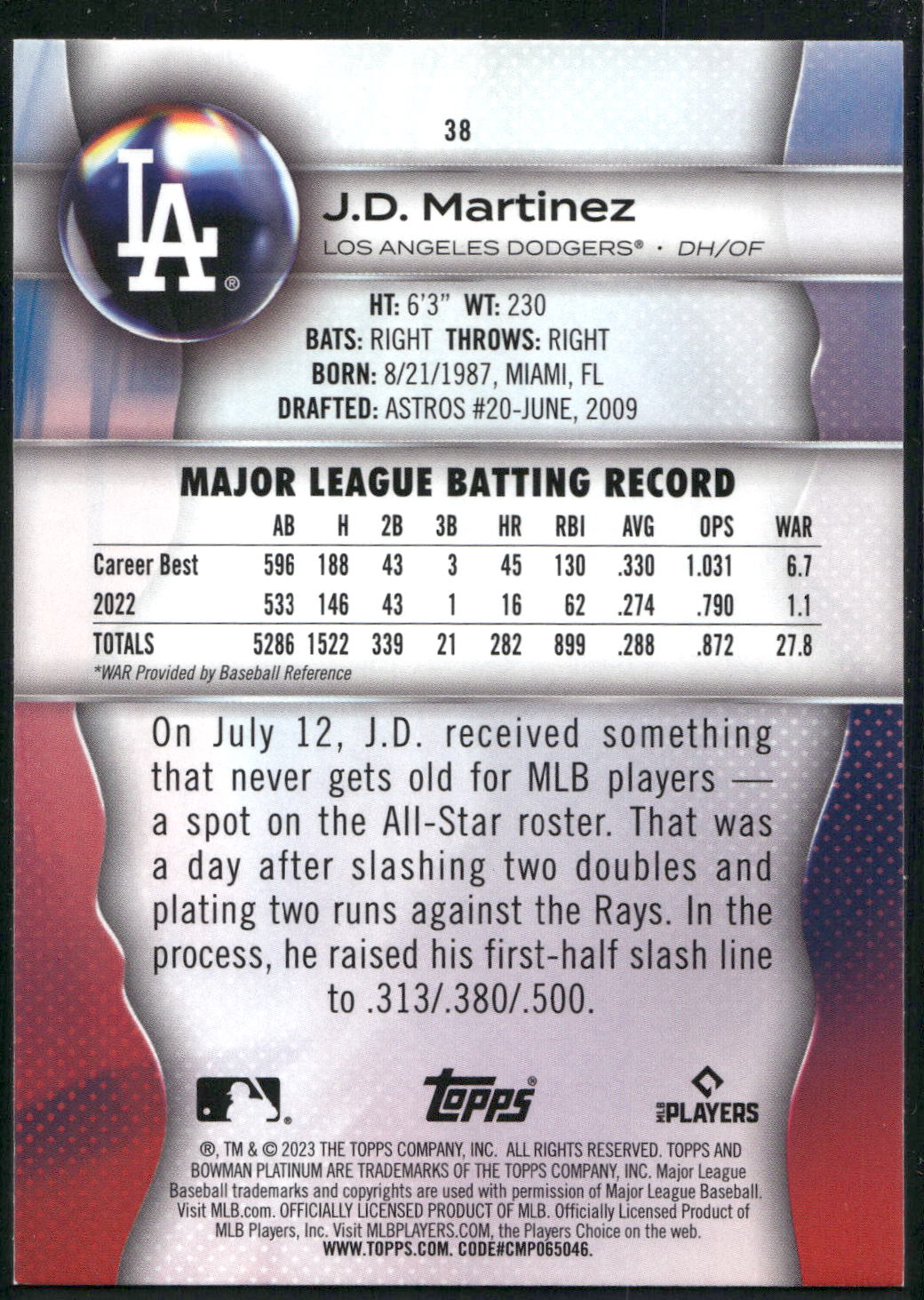 2023 Bowman Platinum #38 J.D. Martinez