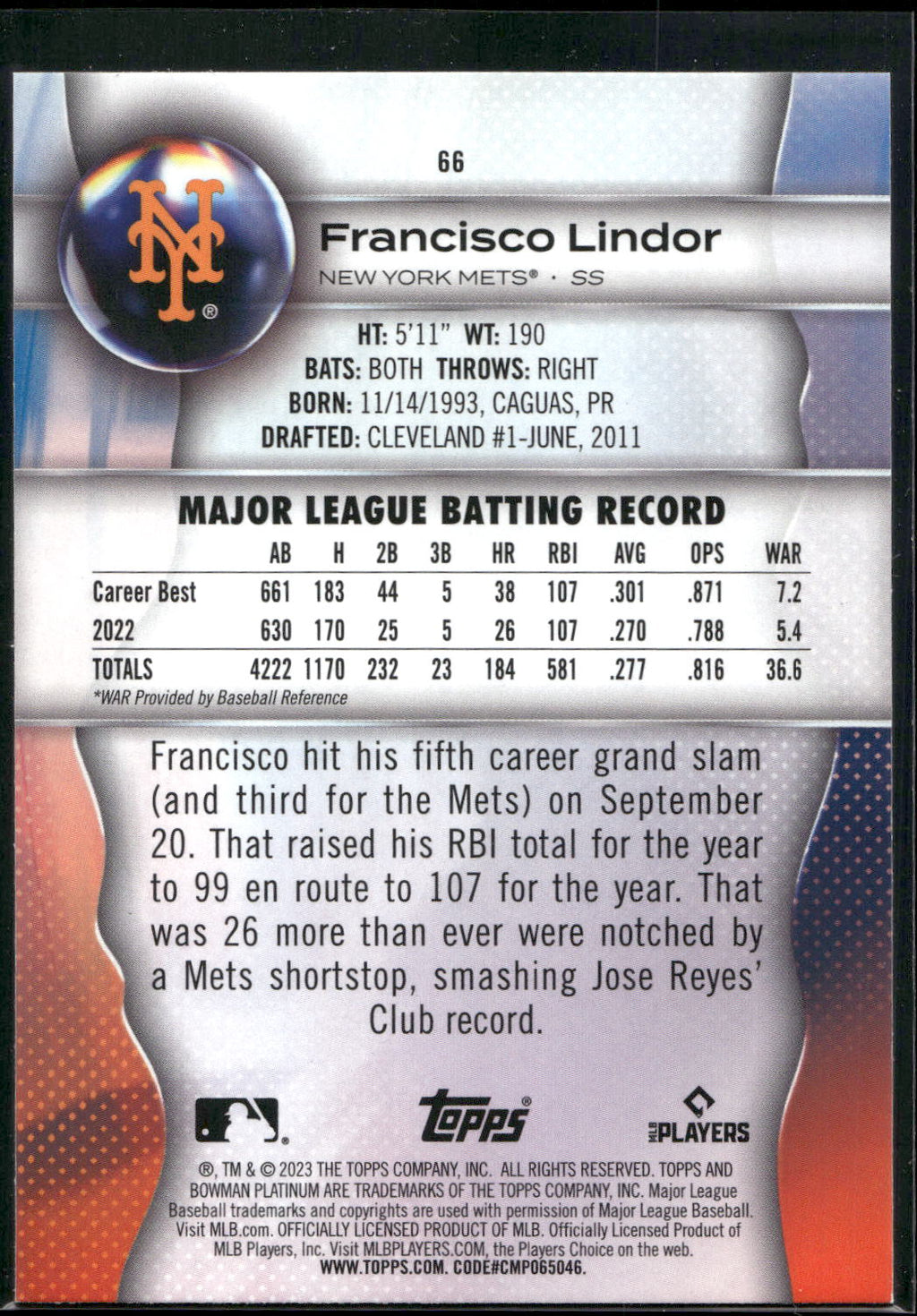 2023 Bowman Platinum #66 Francisco Lindor