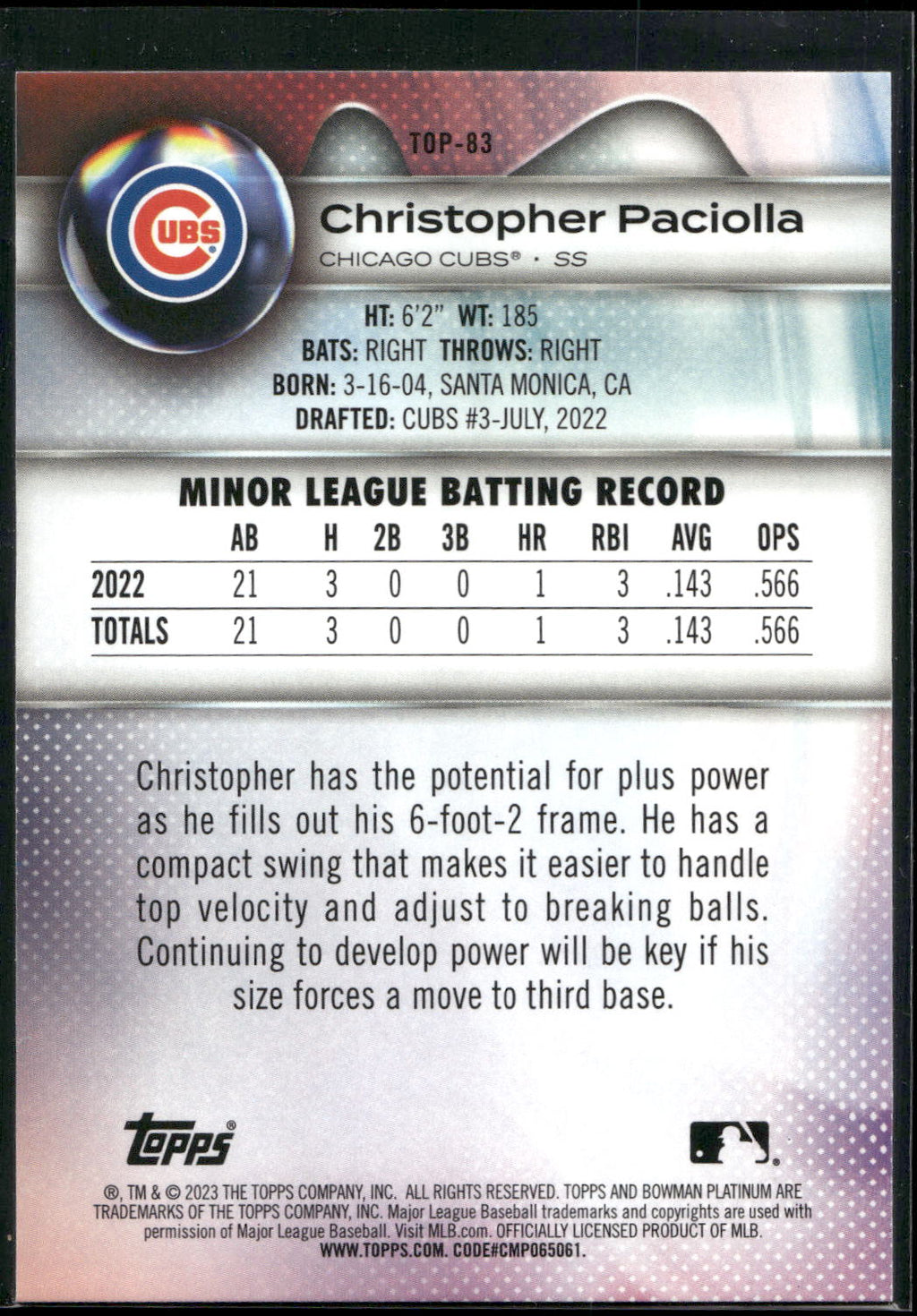 2023 Bowman Platinum #TOP-83 Christopher Paciolla Top Prospects
