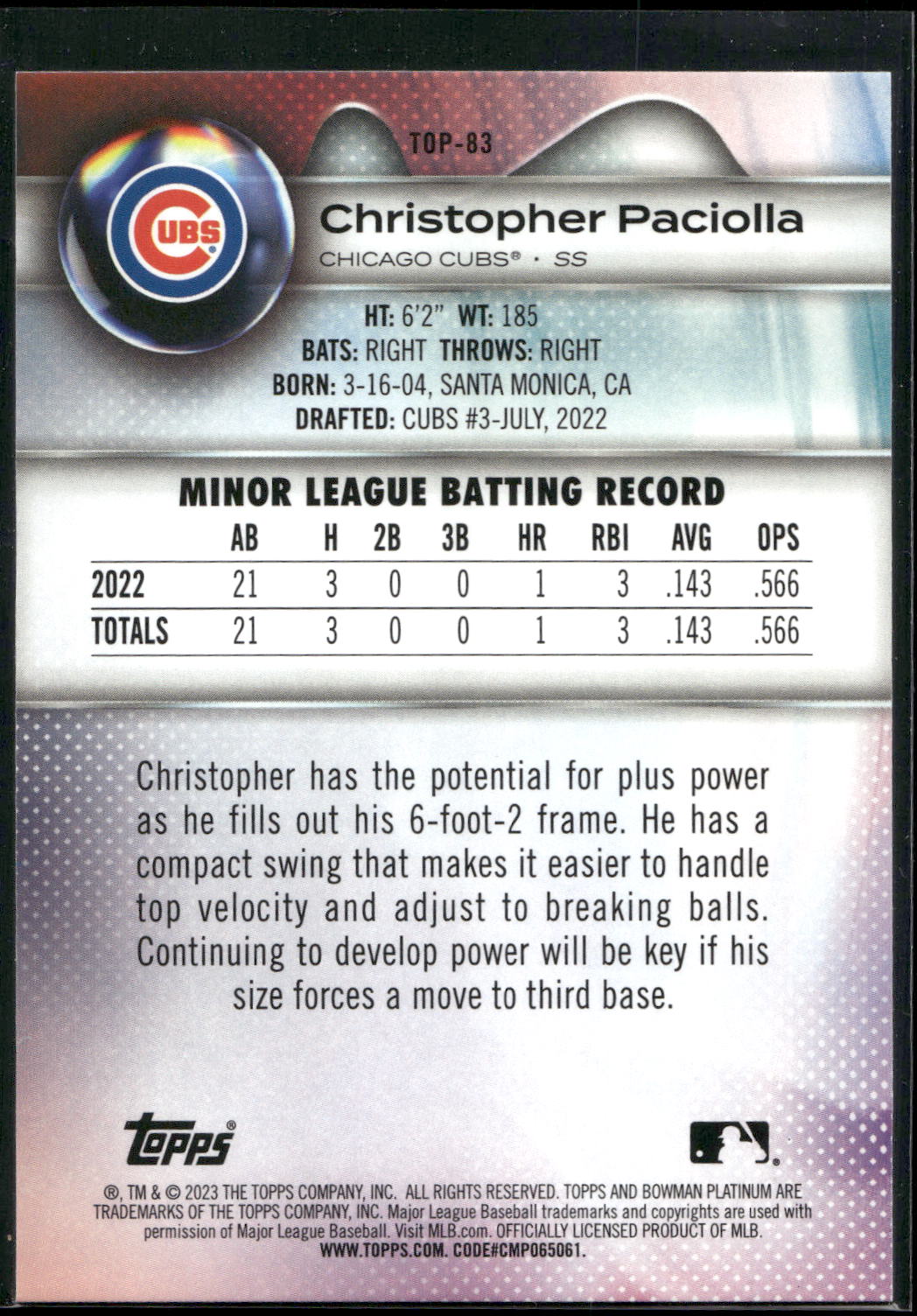 2023 Bowman Platinum #TOP-83 Christopher Paciolla Top Prospects
