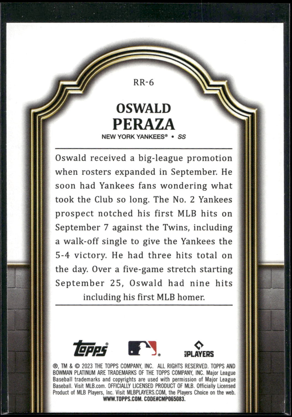 2023 Bowman Platinum #RR-6 Oswald Peraza Renowned Rookies