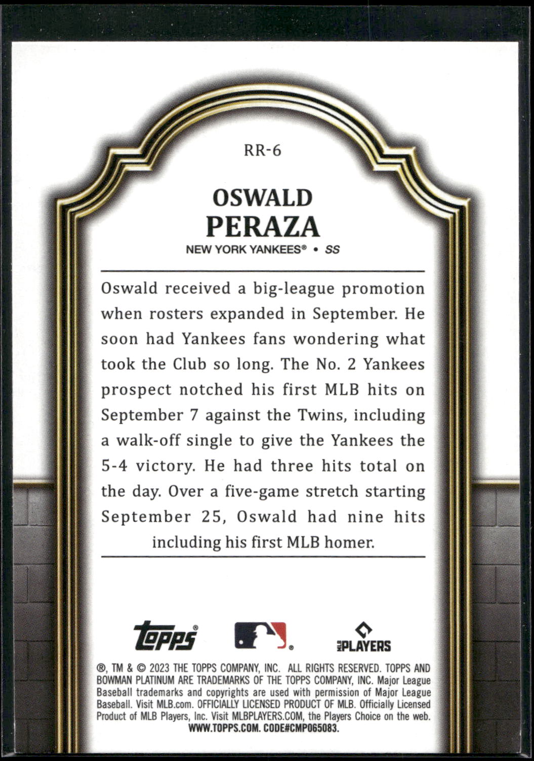 2023 Bowman Platinum #RR-6 Oswald Peraza Renowned Rookies