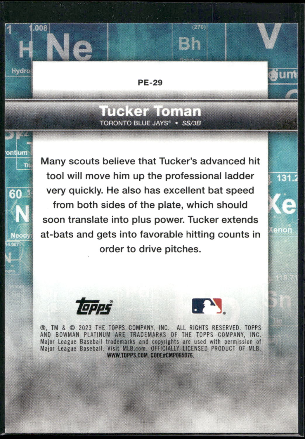 2023 Bowman Platinum #PE-29 Tucker Toman Precious Elements