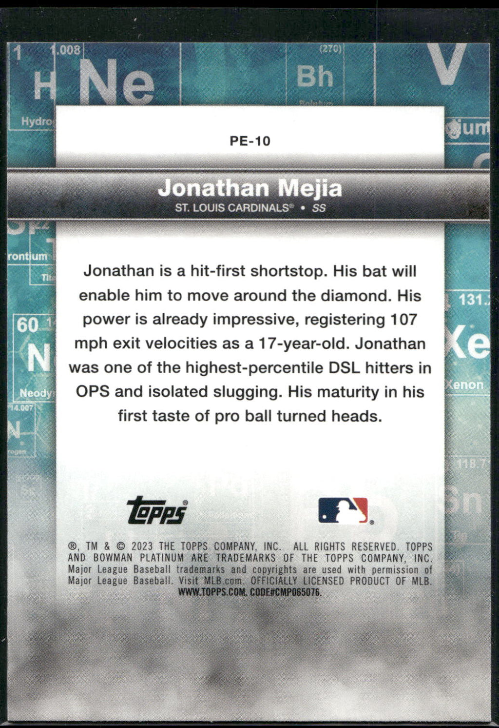 2023 Bowman Platinum #PE-10 Jonathan Mejia Precious Elements