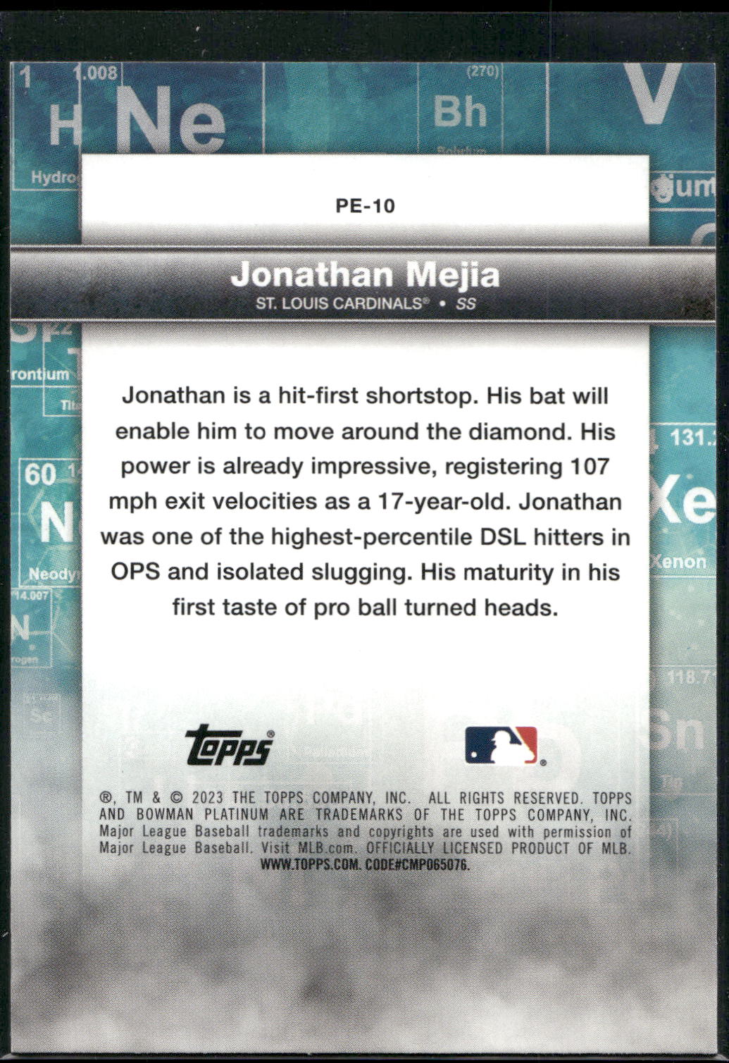 2023 Bowman Platinum #PE-10 Jonathan Mejia Precious Elements