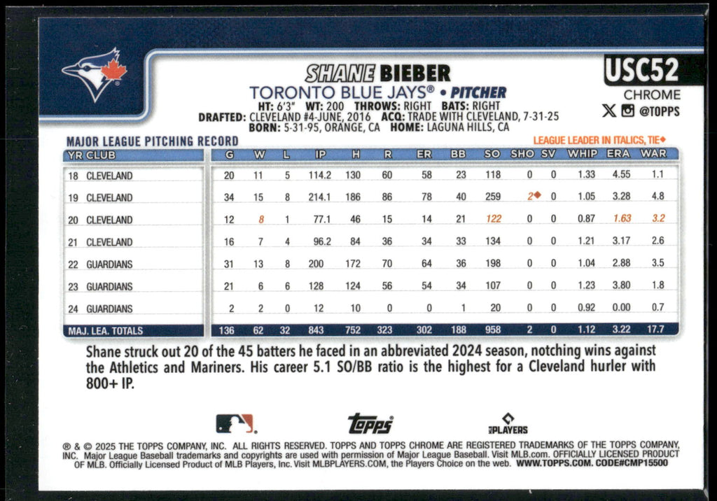 2025 Topps Chrome Update #USC52 Shane Bieber