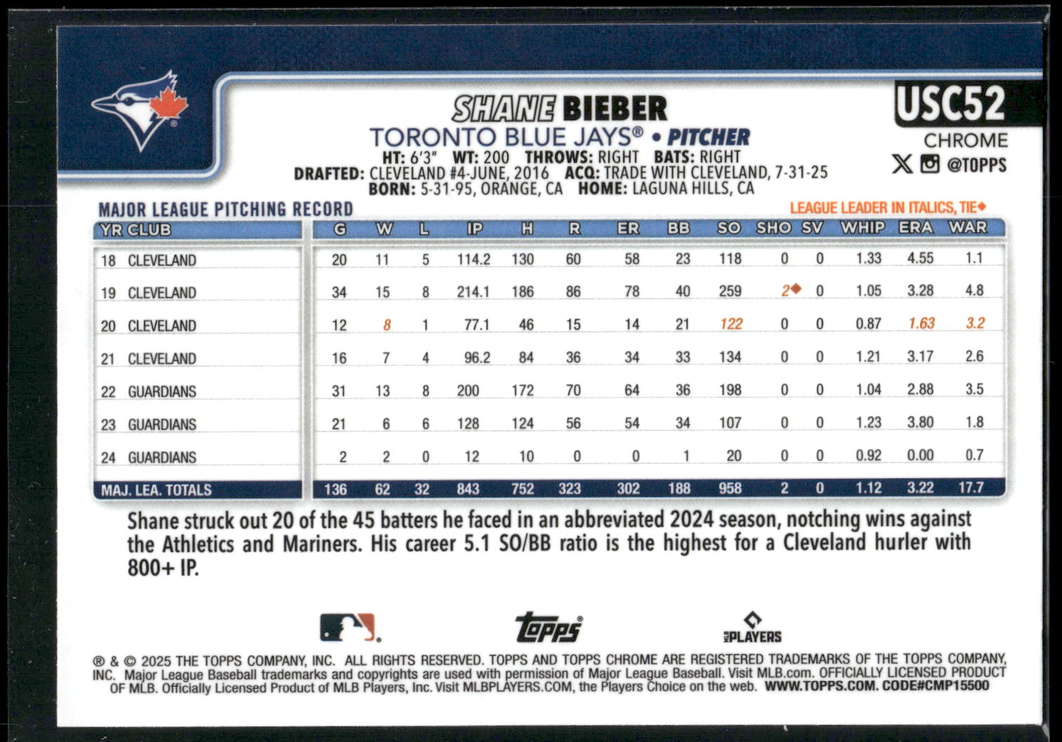 2025 Topps Chrome Update #USC52 Shane Bieber