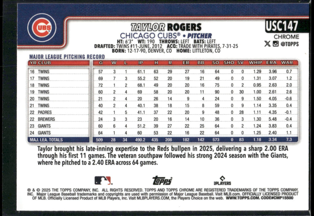 2025 Topps Chrome Update #USC147 Taylor Rogers