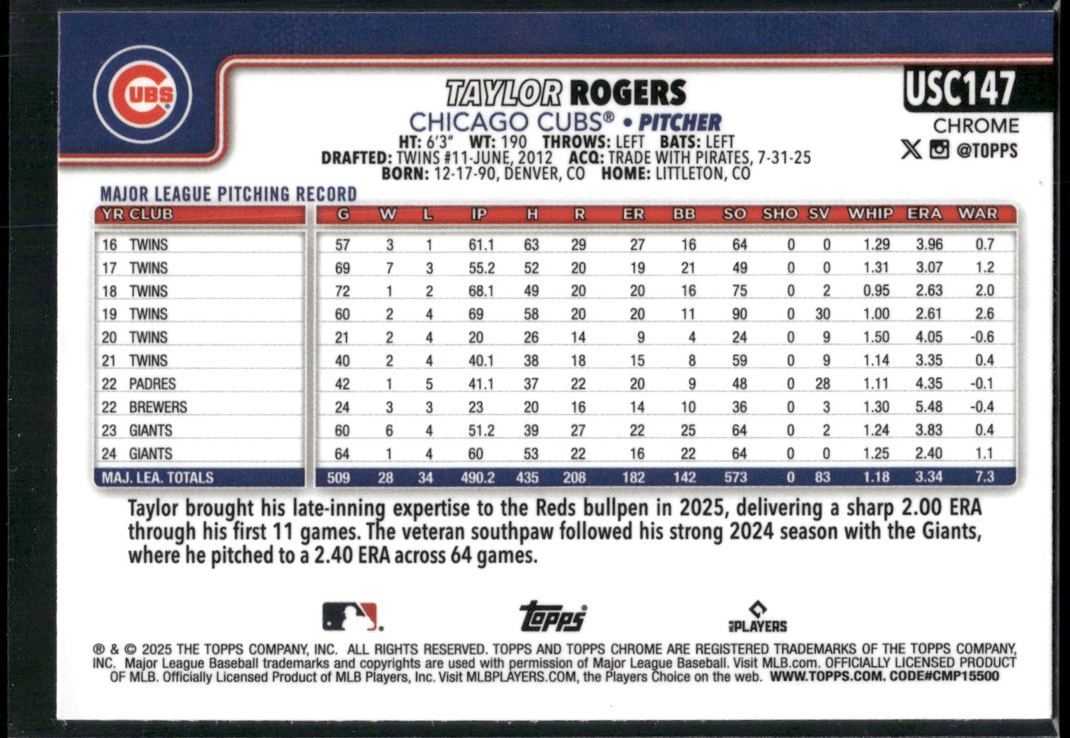 2025 Topps Chrome Update #USC147 Taylor Rogers