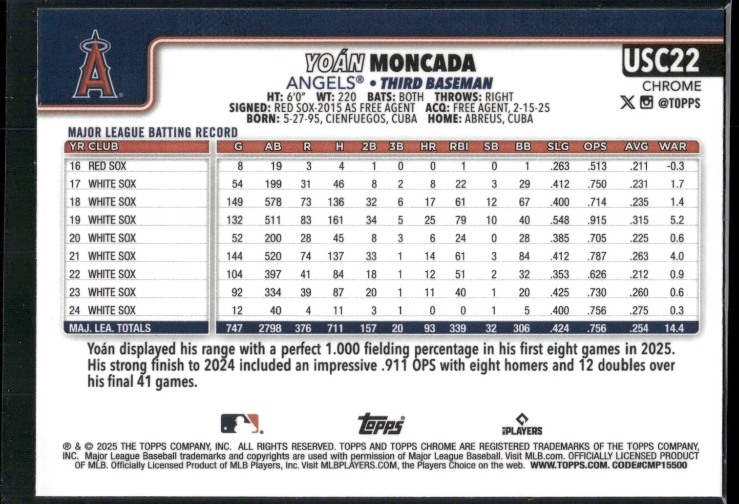 2025 Topps Chrome Update #USC22 Yoán Moncada
