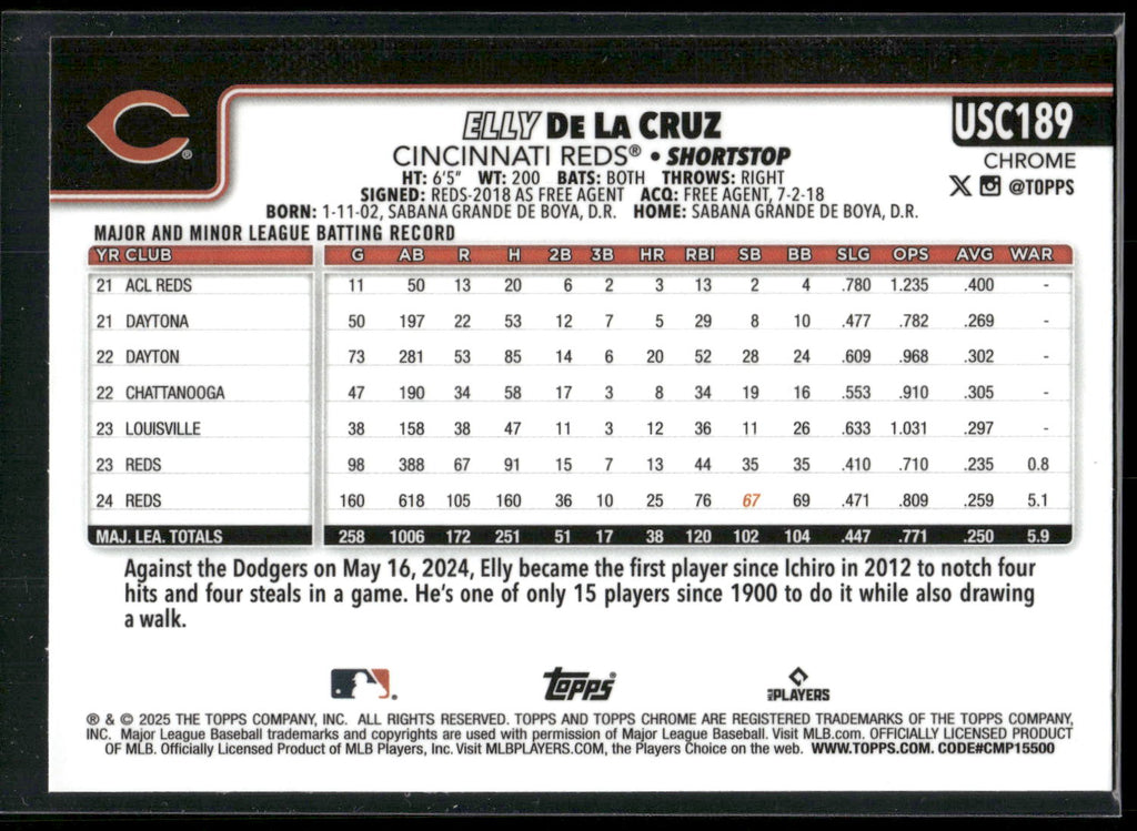 2025 Topps Chrome Update #USC189 Elly De La Cruz