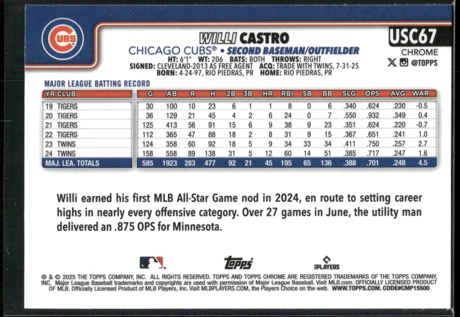2025 Topps Chrome Update #USC67 Willi Castro