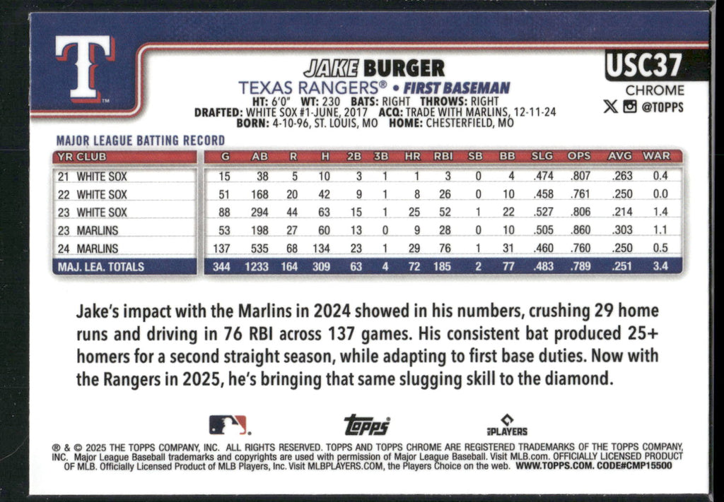 2025 Topps Chrome Update #USC37 Jake Burger