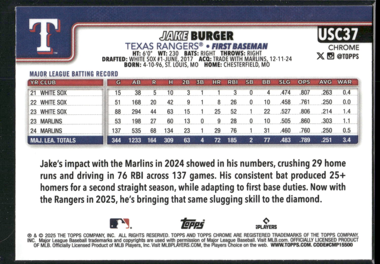 2025 Topps Chrome Update #USC37 Jake Burger