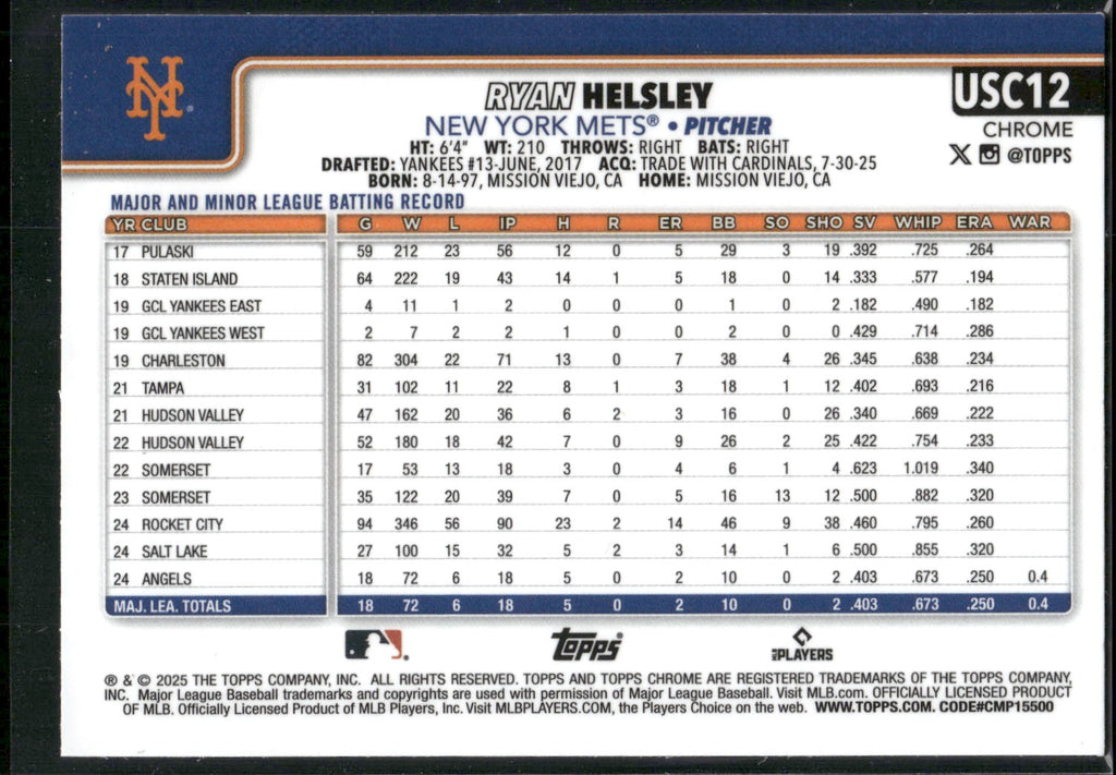2025 Topps Chrome Update #USC12 Ryan Helsley