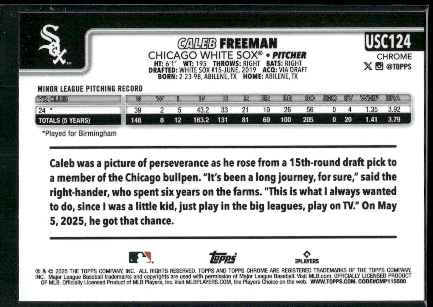 2025 Topps Chrome Update #USC124 Caleb Freeman