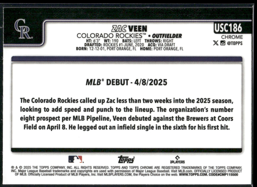 2025 Topps Chrome Update #USC186 Zac Veen