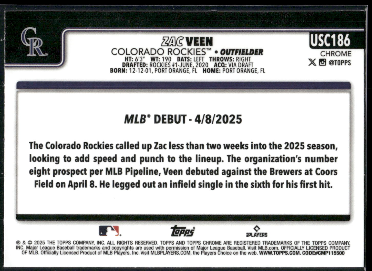 2025 Topps Chrome Update #USC186 Zac Veen