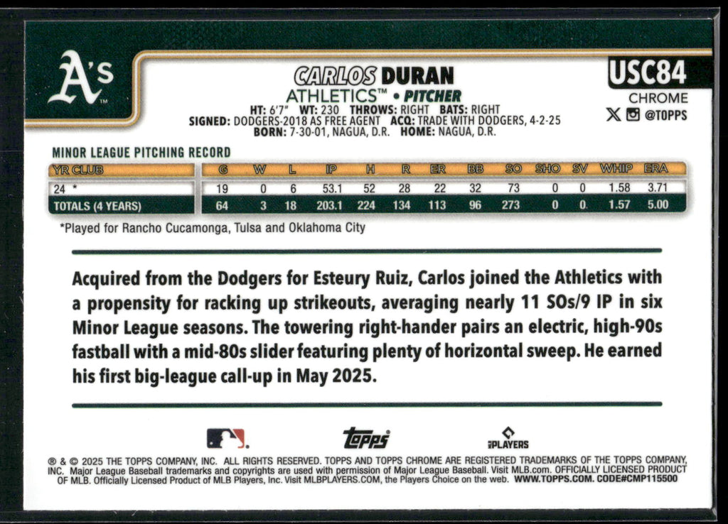 2025 Topps Chrome Update #USC84 Carlos Duran