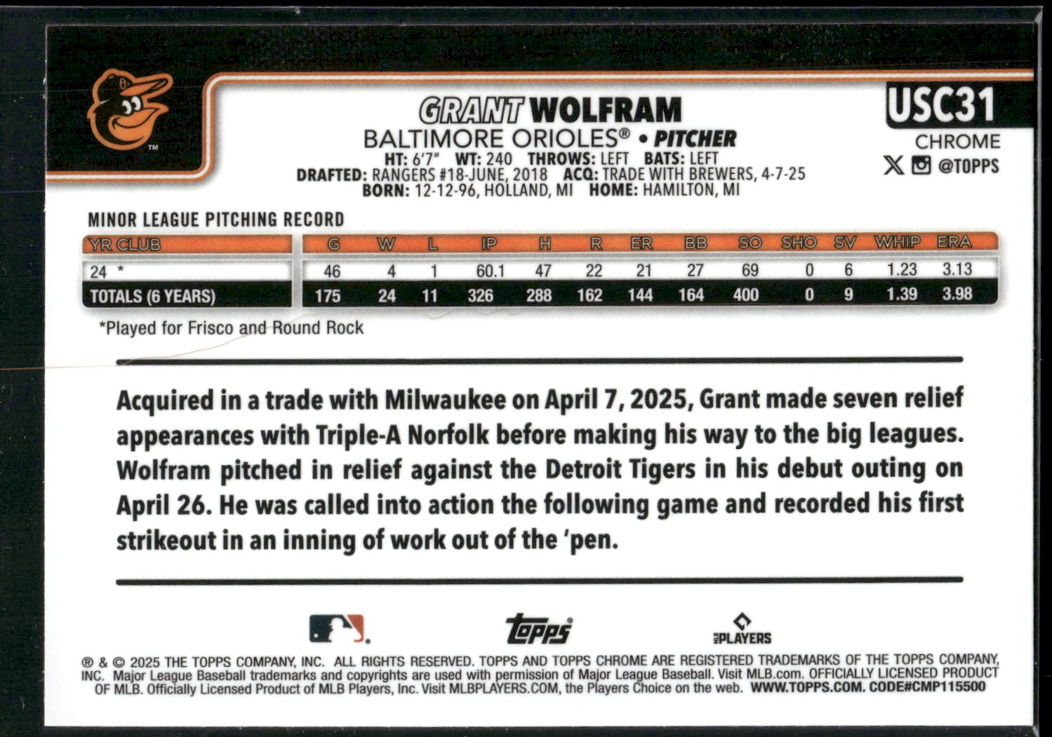 2025 Topps Chrome Update #USC31 Grant Wolfram
