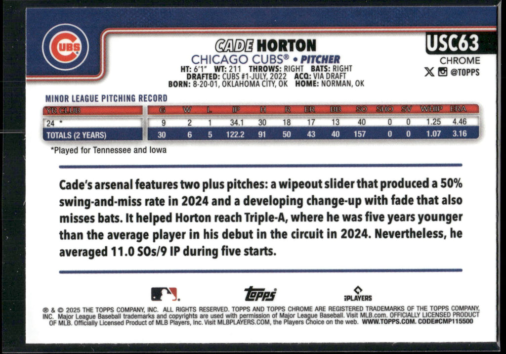 2025 Topps Chrome Update #USC63 Cade Horton