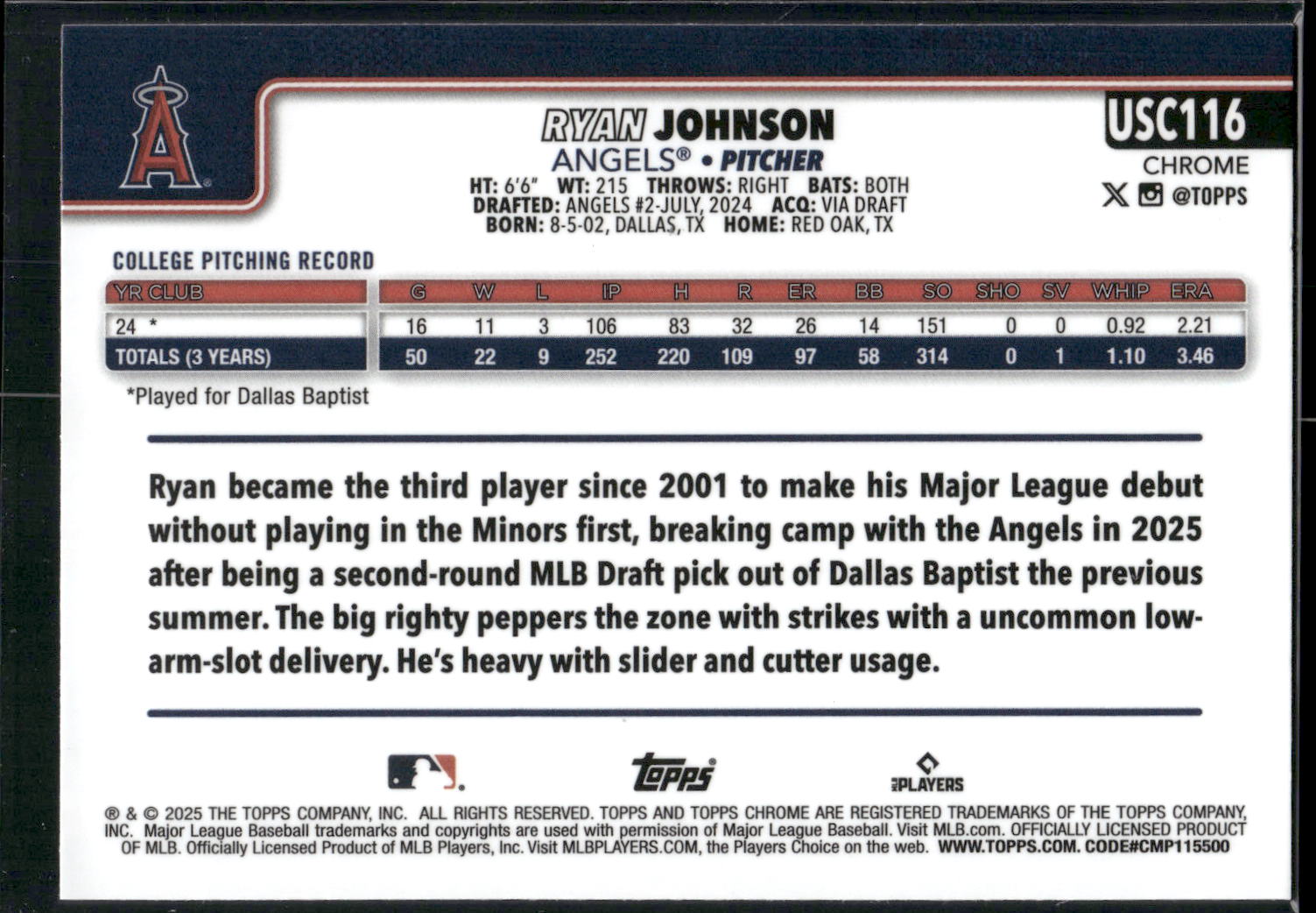 2025 Topps Chrome Update #USC116 Ryan Johnson