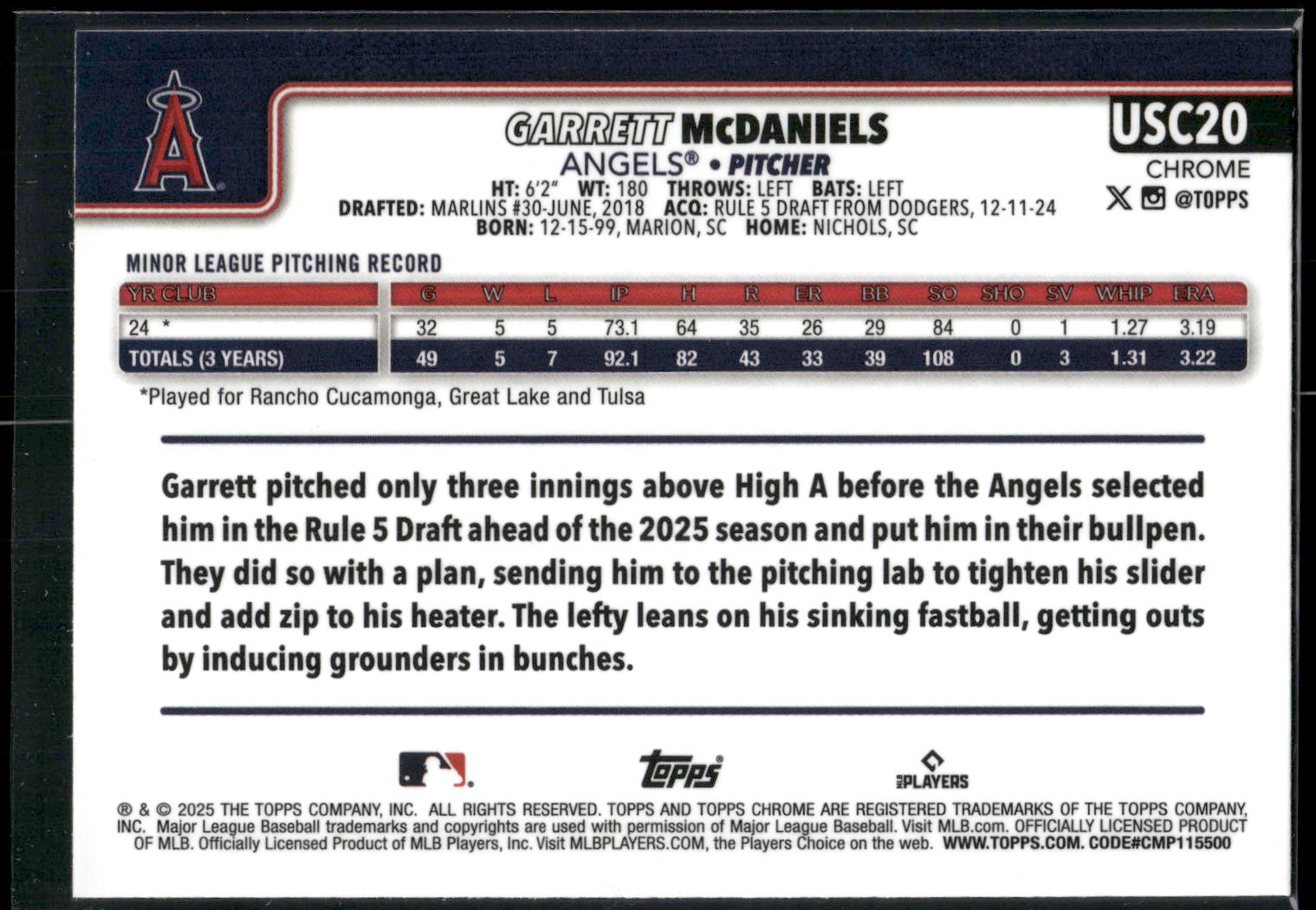 2025 Topps Chrome Update #USC20 Garrett McDaniels