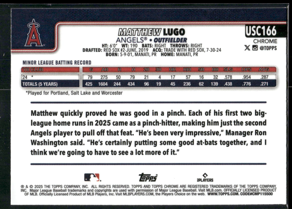 2025 Topps Chrome Update #USC166 Matthew Lugo