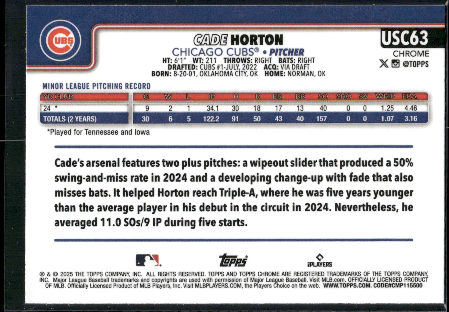 2025 Topps Chrome Update #USC63 Cade Horton