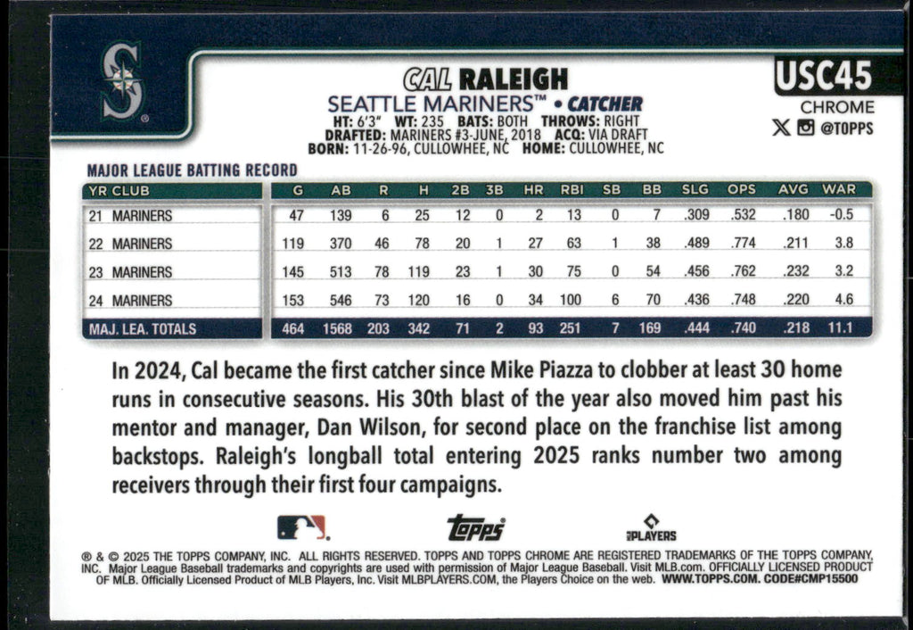 2025 Topps Chrome Update #USC45b Cal Raleigh