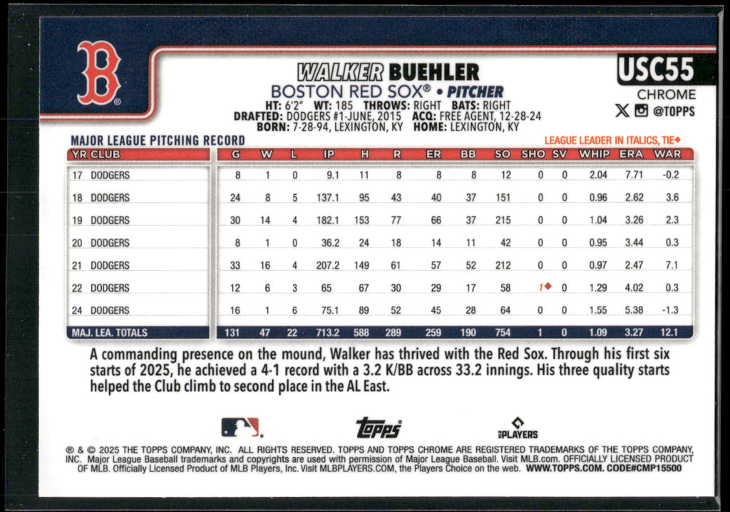 2025 Topps Chrome Update #USC55 Walker Buehler