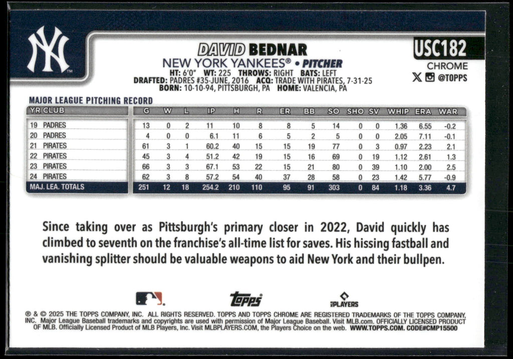 2025 Topps Chrome Update #USC182 David Bednar