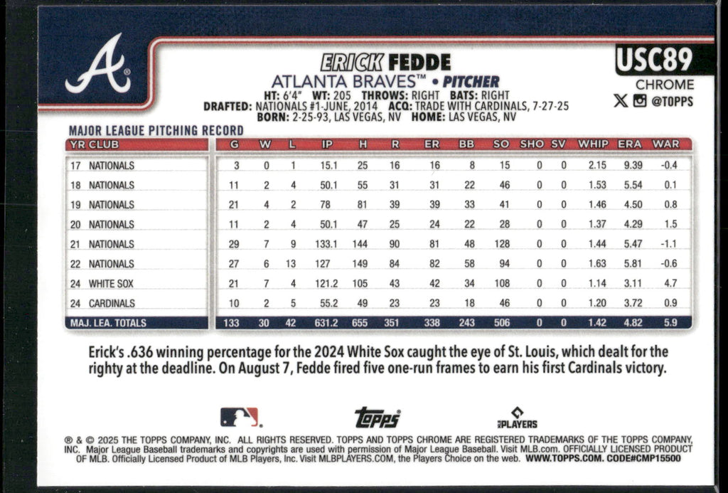 2025 Topps Chrome Update #USC89 Erick Fedde