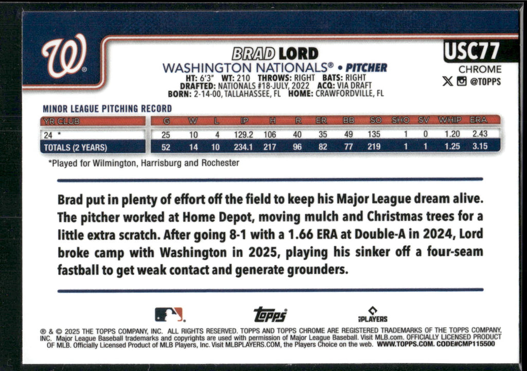2025 Topps Chrome Update #USC77 Brad Lord