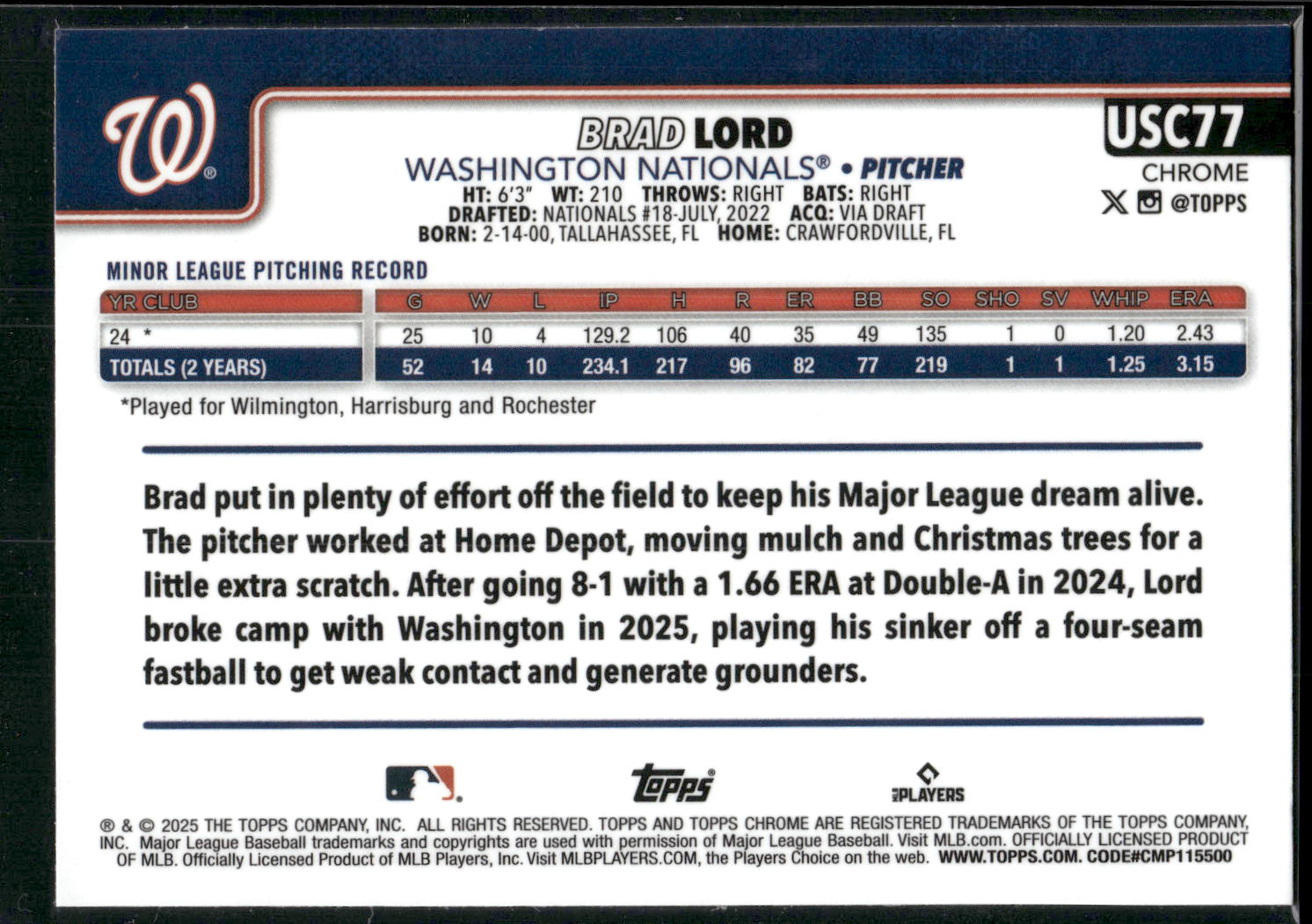 2025 Topps Chrome Update #USC77 Brad Lord