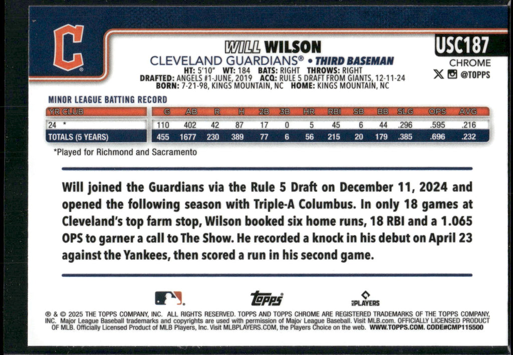 2025 Topps Chrome Update #USC187 Will Wilson