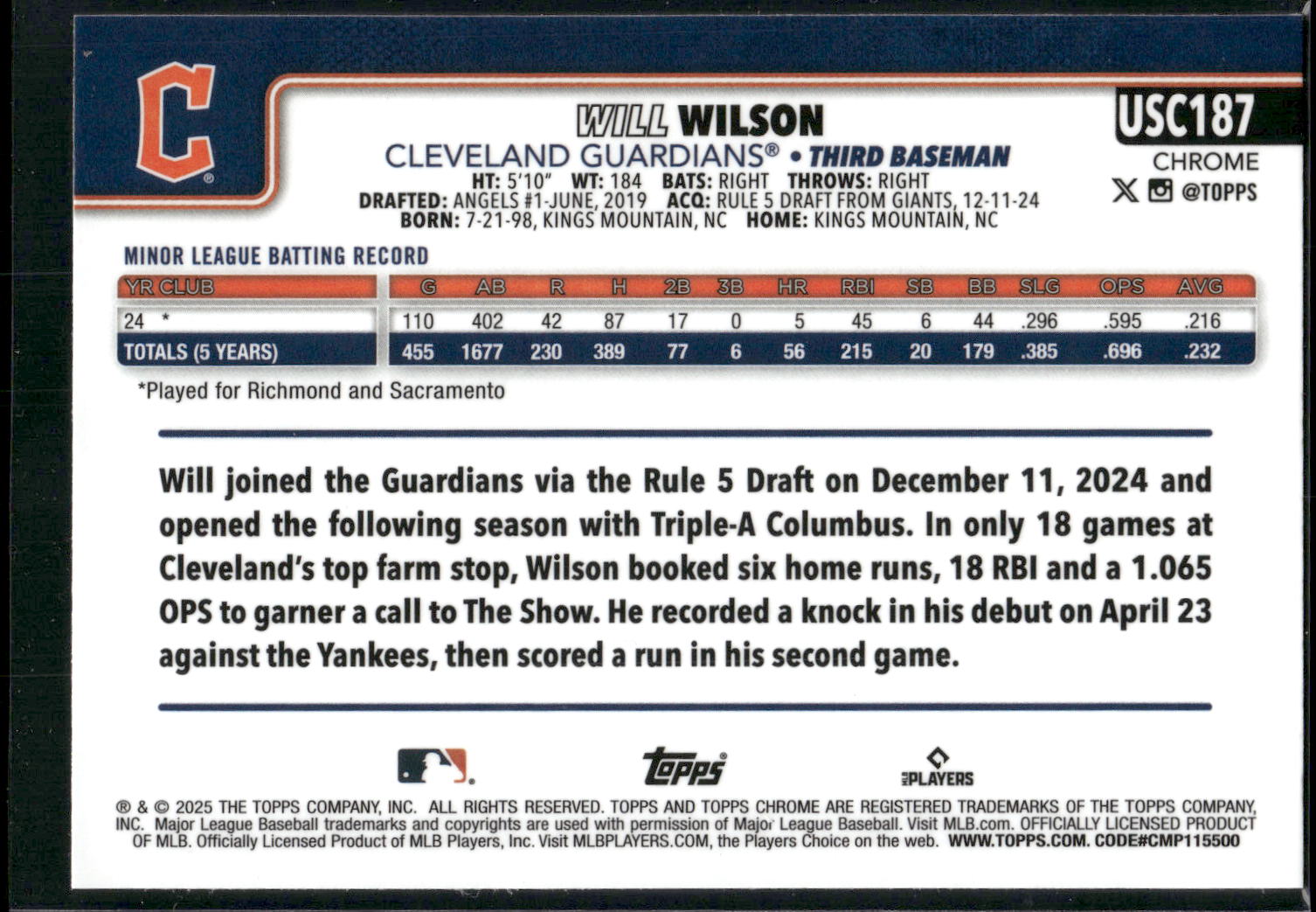 2025 Topps Chrome Update #USC187 Will Wilson