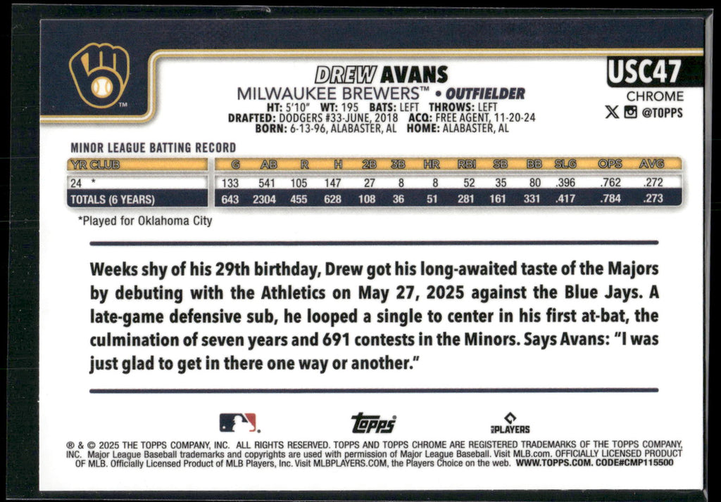 2025 Topps Chrome Update #USC47 Drew Avans