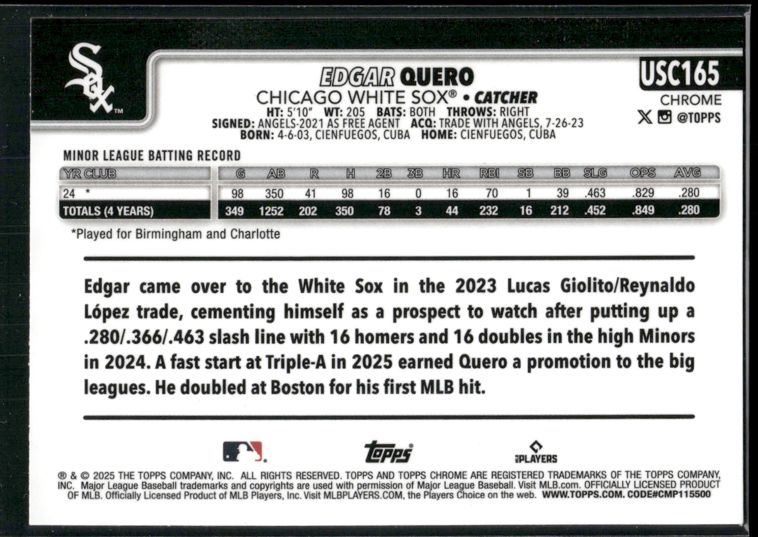 2025 Topps Chrome Update #USC165 Edgar Quero
